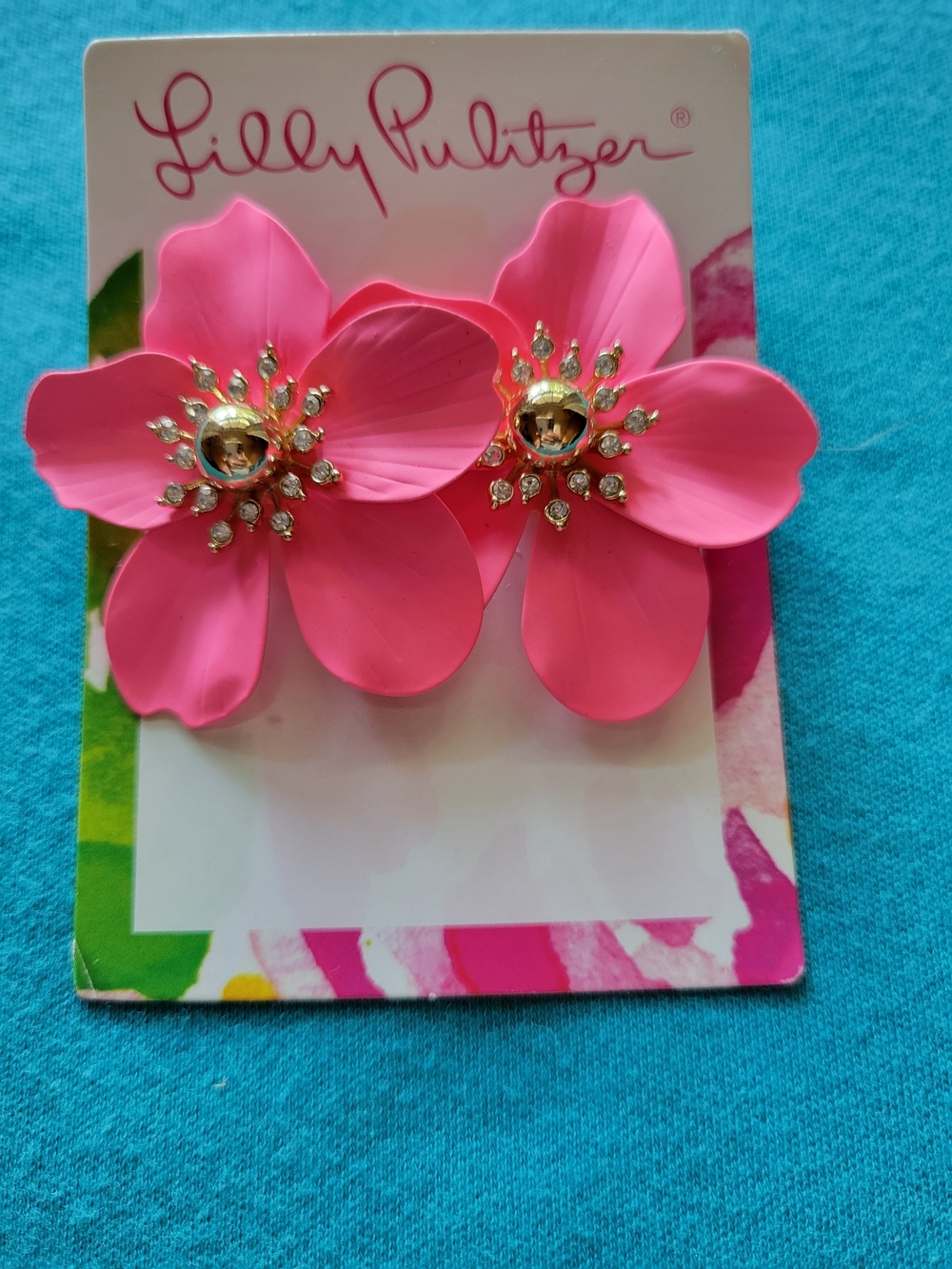 Lilly Pulitzer Hot Pink Floral Stud Earrings with Gold Accents - Picture 2 of 3
